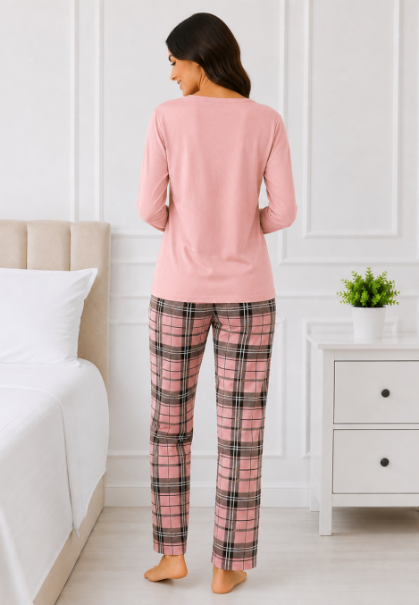 Pijama damă Serena cu bluză cu maneca lunga și pantaloni-Roz deschis,Engros